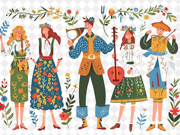 PSD group of people in traditional swedish attire for midsummer flat illustration festival of the world