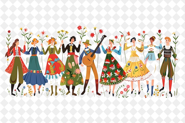 PSD group of people in traditional swedish attire for midsummer flat illustration festival of the world