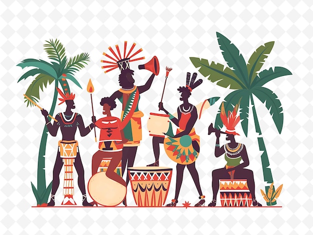 a group of people with drums and palm trees