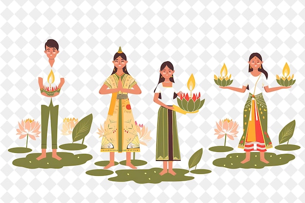 PSD a group of people with flowers and a woman holding a tray with the lotus flower