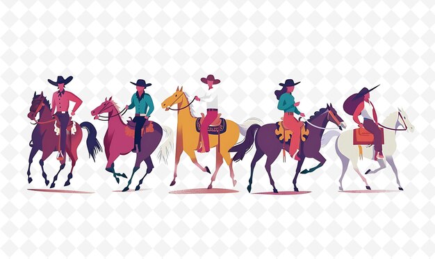 PSD a group of people with horses in a cartoon style vector art illustration