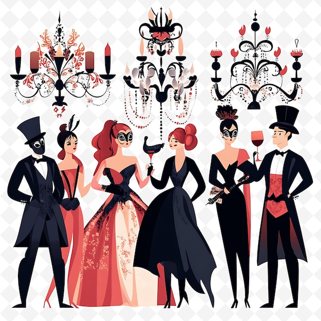 a group of people with a man and woman in costumes and a woman in a red dress with a black hat