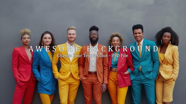 PSD group of positive young people in colorful business suits standing against a gray wall