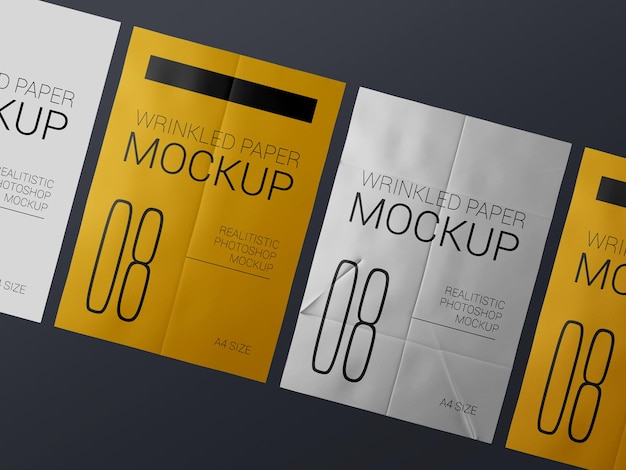 A group of  realistic Wrinkled poster template mockup. Glued paper wet wrinkled posters mockup