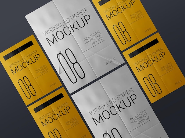 A group of  realistic Wrinkled poster template mockup. Glued paper wet wrinkled posters mockup