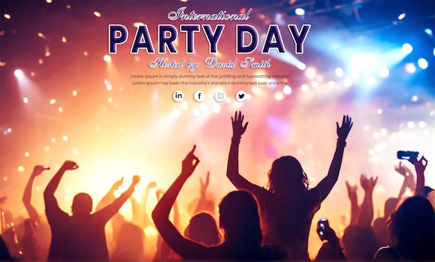 a group of silhouette people at the Music party with World Party Day and their hands up in the