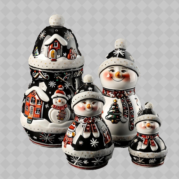 a group of snowmen with a house on the top of them