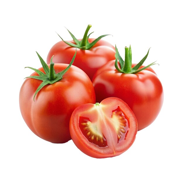 a group of tomatoes with a cut in half on a white background