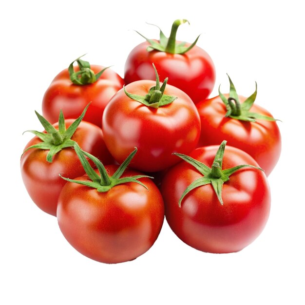 a group of tomatoes with a cut in half on a white background