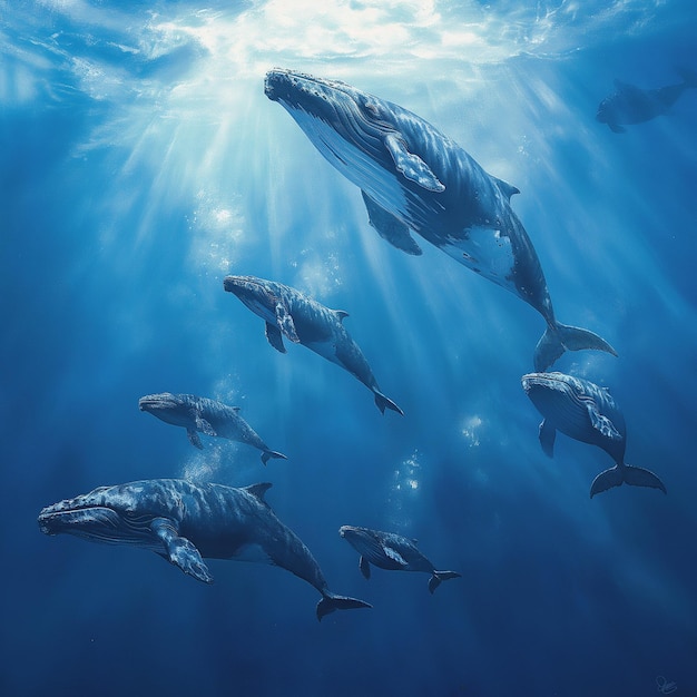 PSD a group of whales swimming in the ocean with sun rays