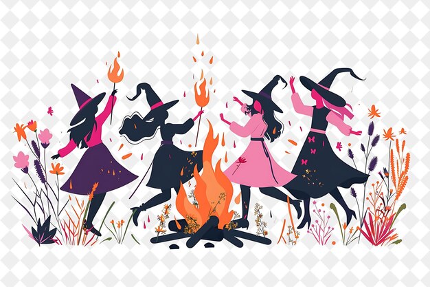 PSD a group of witch and witchs are around a fire