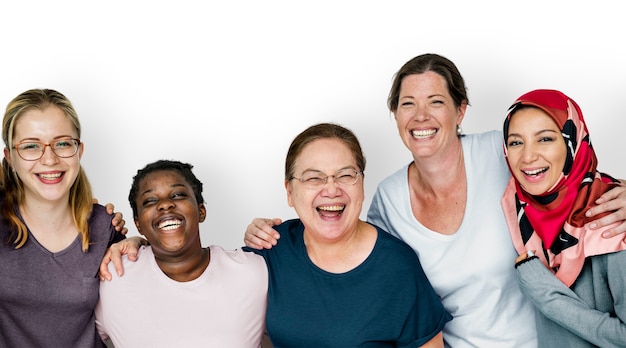 PSD group of women smiling together, feminism and teamwork concept