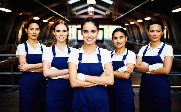 a group of women with their arms crossed in front of a building