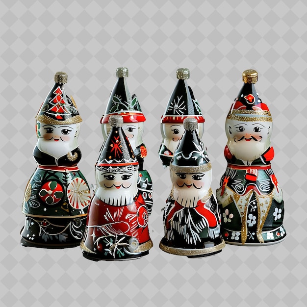 a group of wooden figurines with a red and black hat