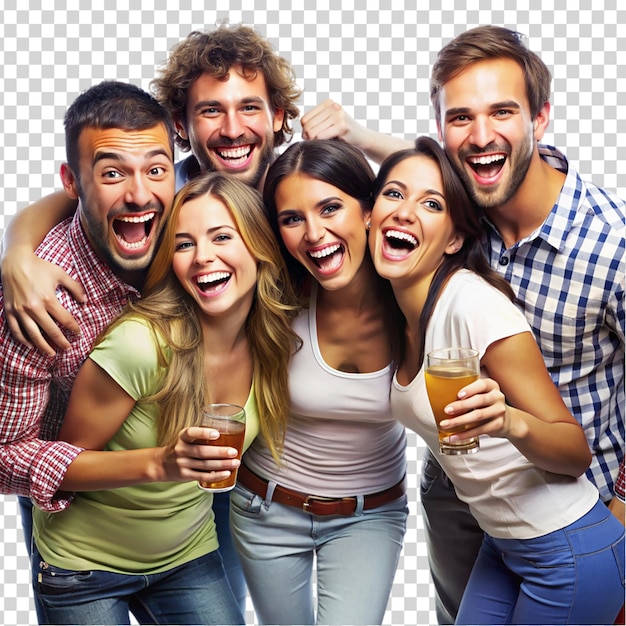 A group of young people are standing together smiling and cheering on transparent background