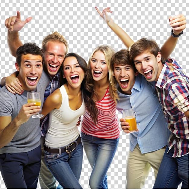 A group of young people are standing together smiling and cheering on transparent background