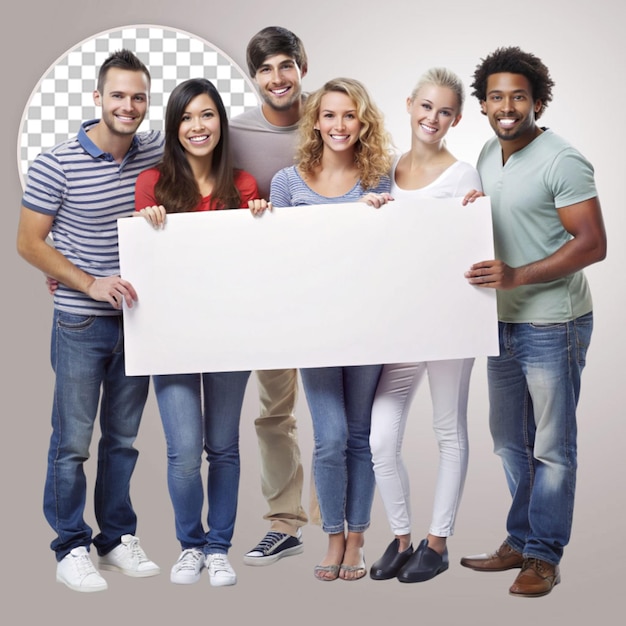 Group of young people holding a sign on transparent background