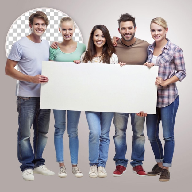 Group of young people holding a sign on transparent background