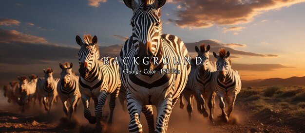 Group of zebras in the desert at sunset