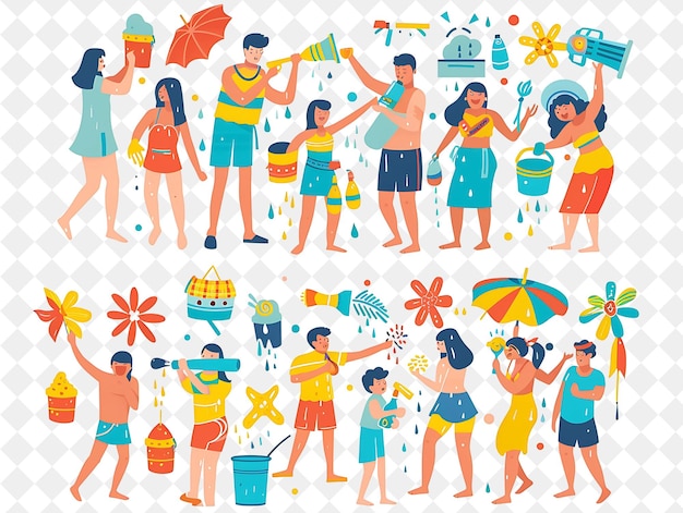 PSD groups of people participating in a water fight during songk flat illustration festival of the world