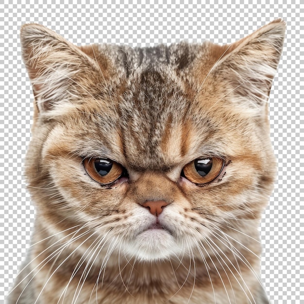 PSD grumpy brown tabby cat face isolated on transparent background