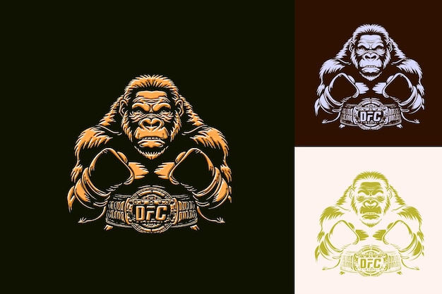 PSD grumpy gorilla animal mascot logo with boxing gloves and cha cute abstract vector designs