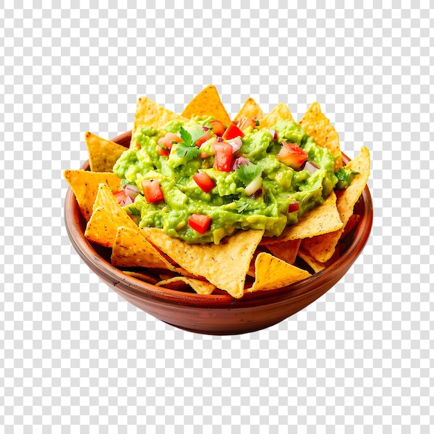 PSD guacamole served with tortilla chips and a slice of avocado and tomato on a transparent background