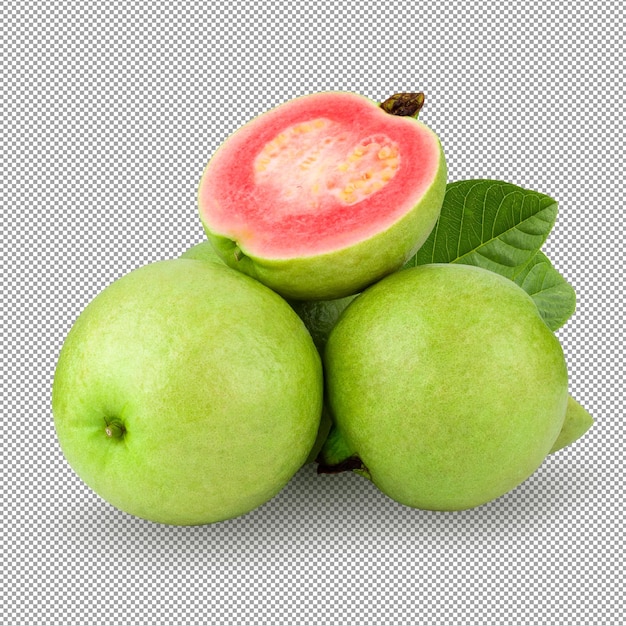 Guava fruit with pink juicy flesh and a strong sweet aroma with leaf on alpha background