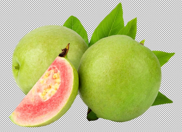 Guava is a tropical fruit with pink juicy flesh and a strong sweet aroma with leaf on a transparent background