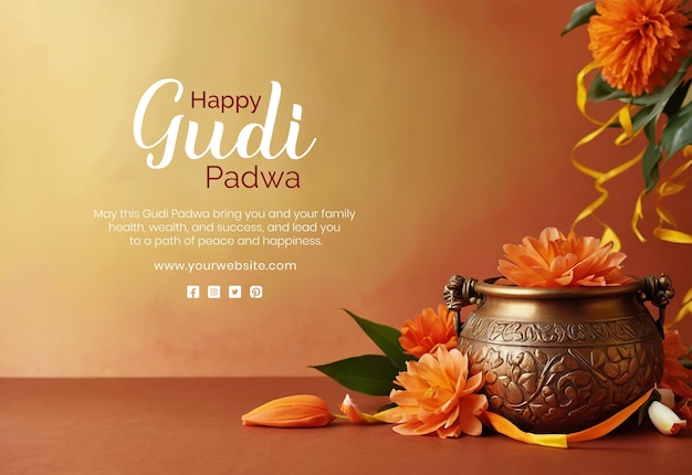 Gudi Padwa concept bronze pot with flowers garland decoration on peach fuzz texture background