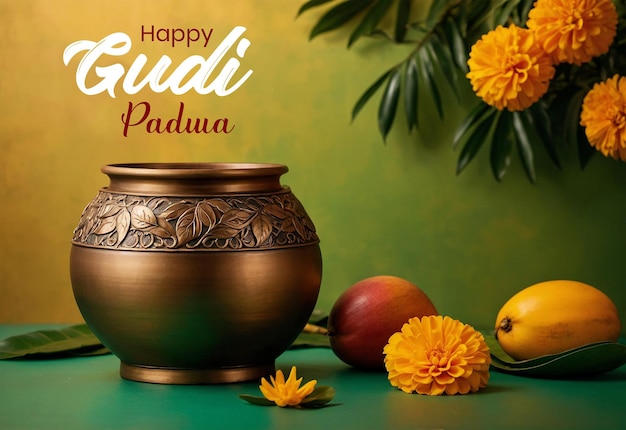 Gudi Padwa concept bronze pot with marigold flowers and mango leaves decoration