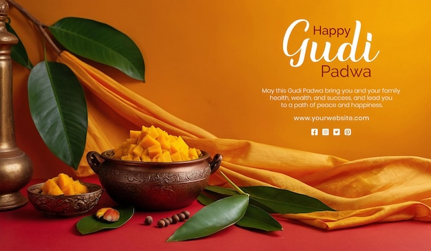 Gudi Padwa concept mango leaves with marigold flowers decoration on gradient background