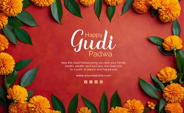 Gudi Padwa concept mango leaves with marigold flowers decoration on red texture background