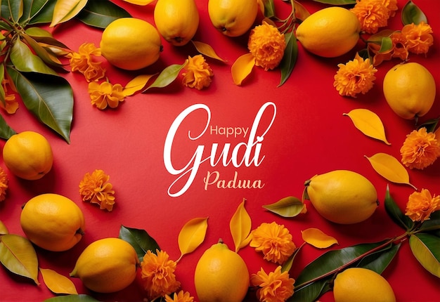 Gudi Padwa concept mango leaves with marigold flowers edges decoration on red texture background