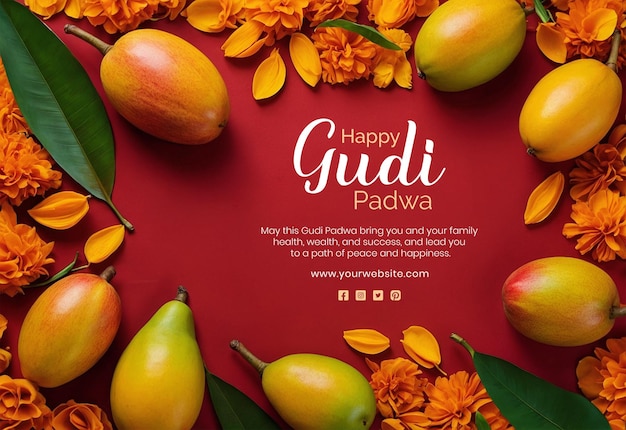 Gudi Padwa concept mango leaves with marigold flowers edges decoration on red texture background