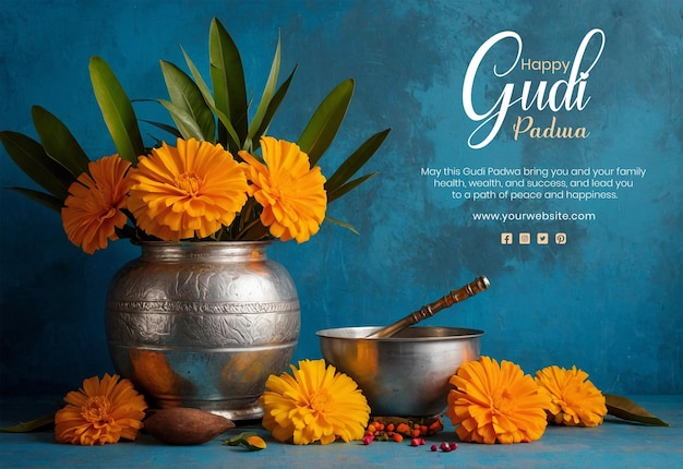 Gudi Padwa concept silver pot and mango leaves with marigold flowers decoration on blue background