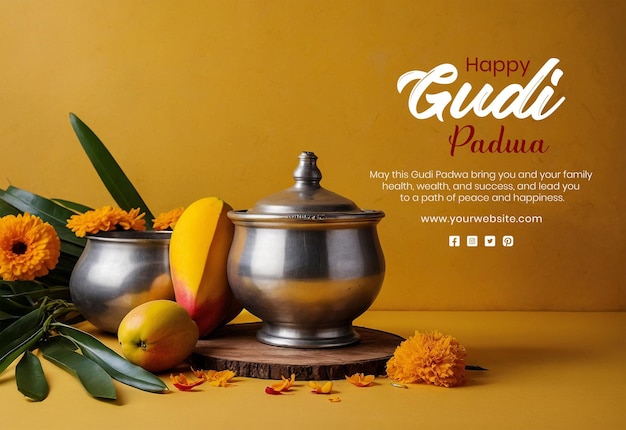 Gudi Padwa concept silver pot with leaves and marigold flowers decoration on yellow background