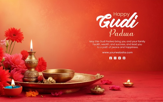 Gudi Padwa festival concept bronze plate with diya oil lamp and flowers on red texture background