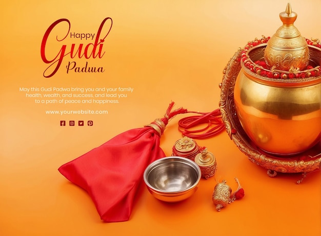 Gudi Padwa festival concept bronze pot decoration with red cloth on gradient background