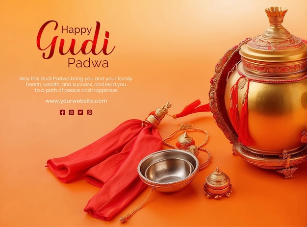 Gudi Padwa festival concept bronze pot decoration with red cloth on gradient background