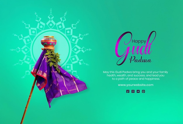 Gudi Padwa festival concept mandala design with cultural flag and neem leaves on green background