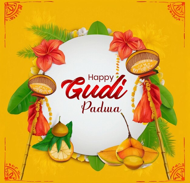 Gudi Padwa flag concept circle decoration with fruits and coconut leaves on yellow background