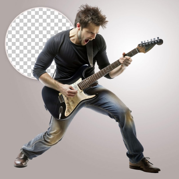 Guitarist man plays on the electric guitar with bright emotions isolatade on white background