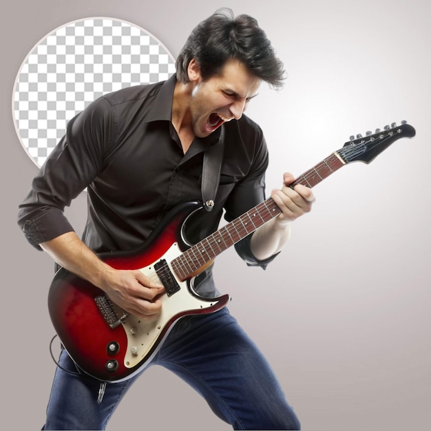 Guitarist man plays on the electric guitar with bright emotions isolatade on white background