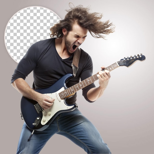 Guitarist man plays on the electric guitar with bright emotions isolatade on white background