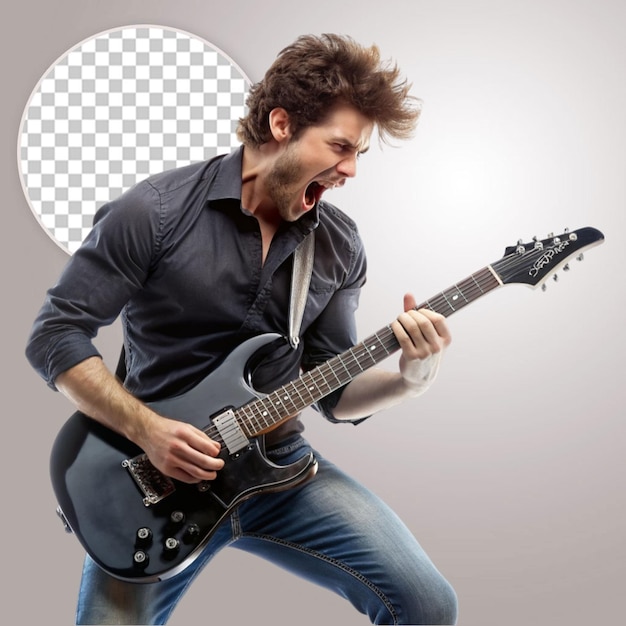 Guitarist man plays on the electric guitar with bright emotions isolatade on white background