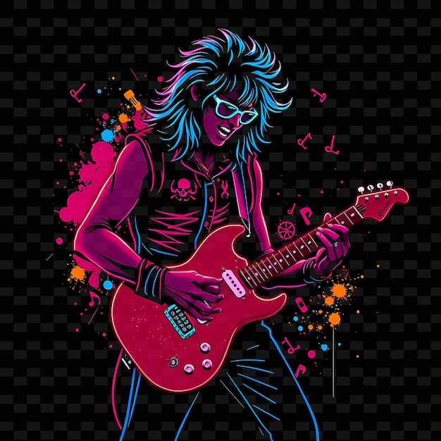 PSD guitarist in rock pose neon pop art design with vivid red and blue color theme decorated with music1