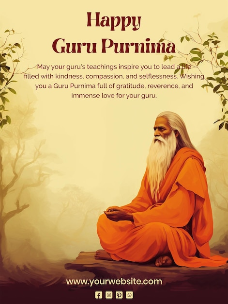 PSD guru purnima concept old person wearing orange robes and seated calmly on peach fuzz background