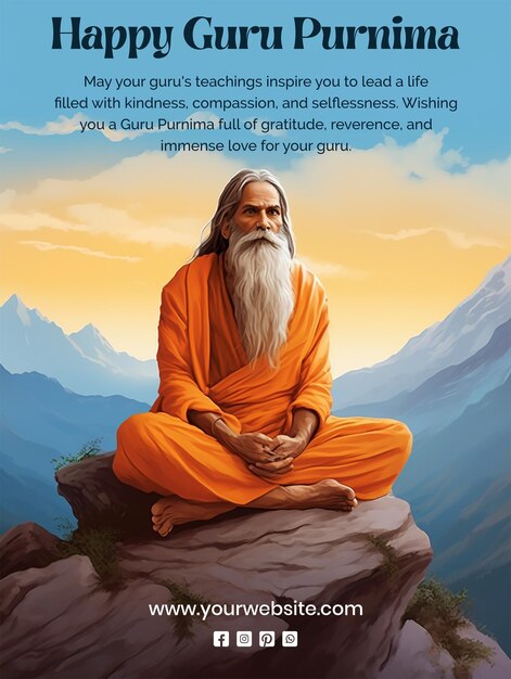 PSD guru purnima concept an old person wearing orange robes and seated calmly scene on blue background