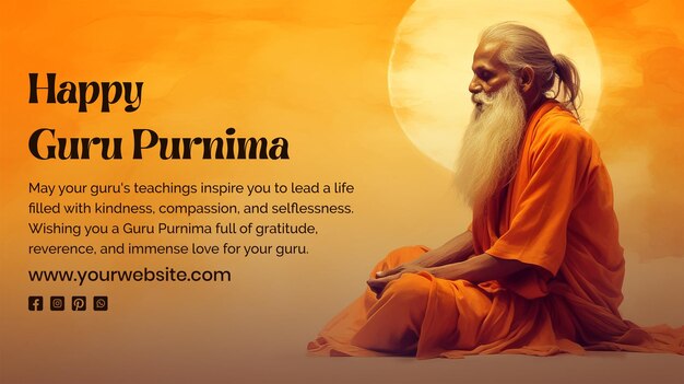 PSD guru purnima concept old person wearing orange robes and seated calmly scene on orange background